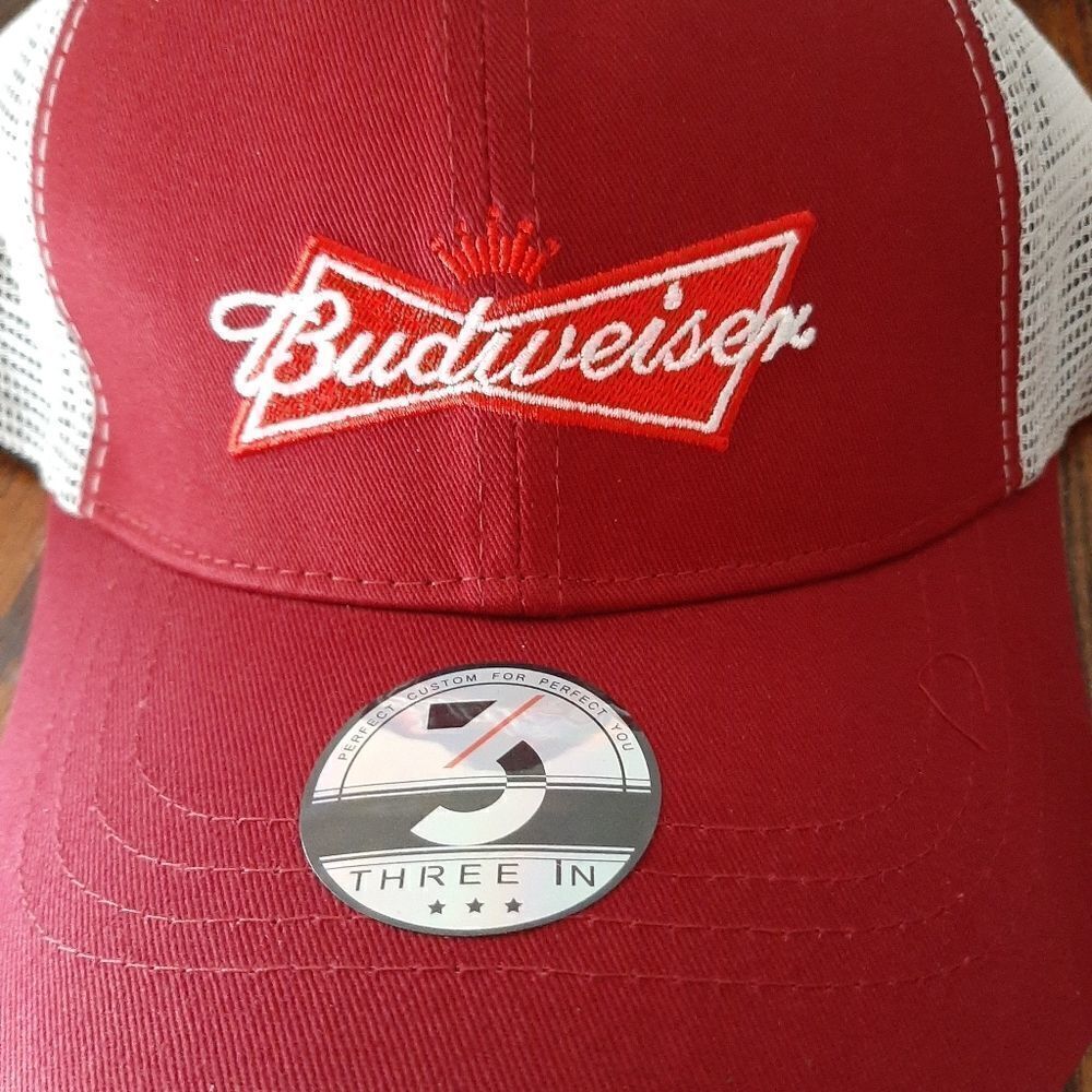 New Budweiser Red White Three In Adjustable Hat Baseball Cap